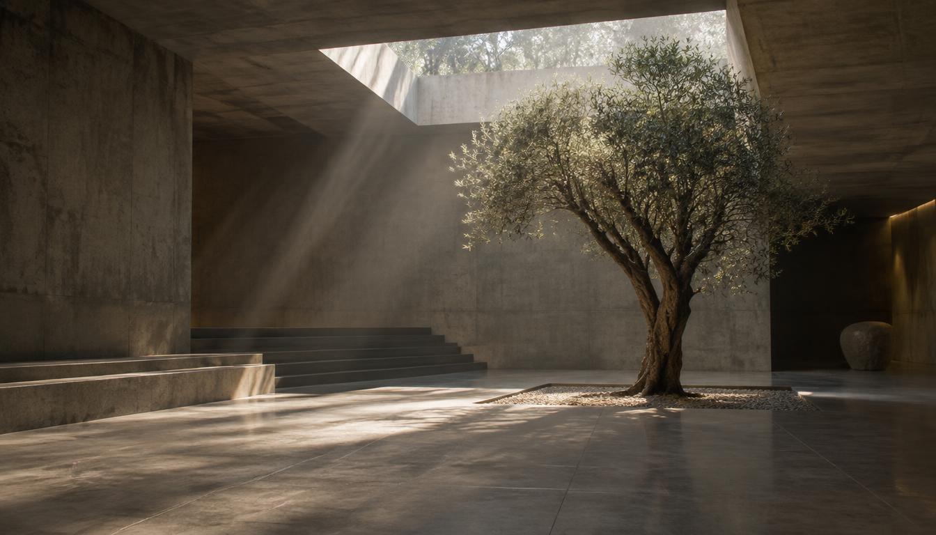 Concrete interior with olive tree